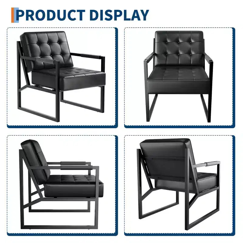 Mid-Century Akzentsessel – Kunstleder-Loungesessel mit Metallbeinen für Wohnzimmer, Schlafzimmer, Büro, Empfangsbereich – Schwarz