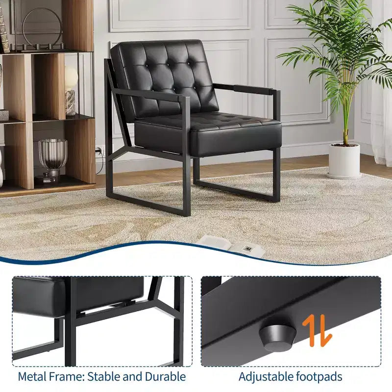 Mid-Century Akzentsessel – Kunstleder-Loungesessel mit Metallbeinen für Wohnzimmer, Schlafzimmer, Büro, Empfangsbereich – Schwarz