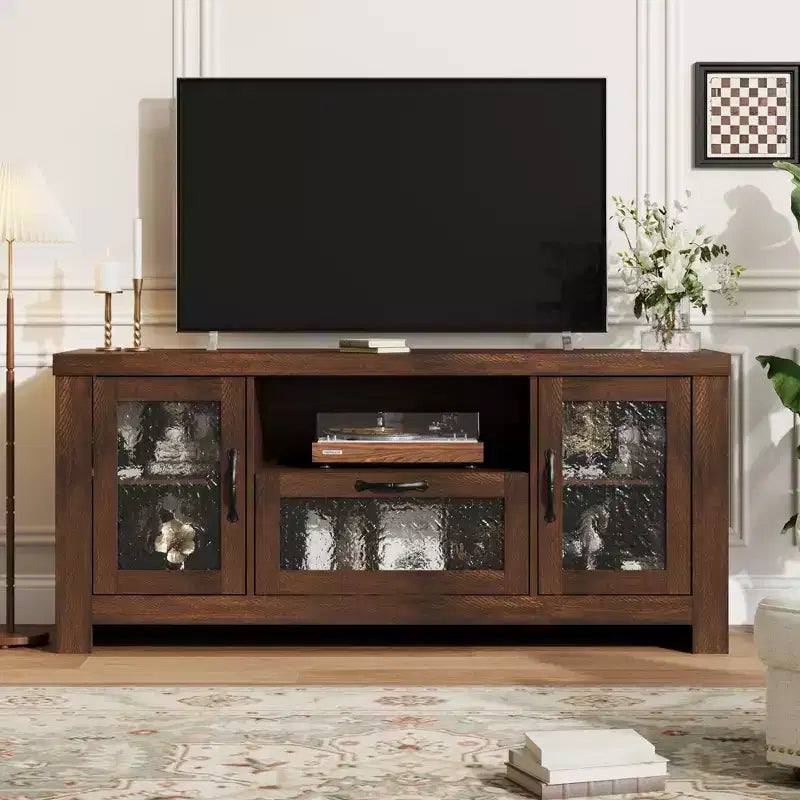 55" Farmhouse TV-Schrank mit Wellenlinien-Acryltüren, Entertainment-Center für 55" Fernseher, verstellbare Einlegeböden, 136 kg Tragfähigkeit