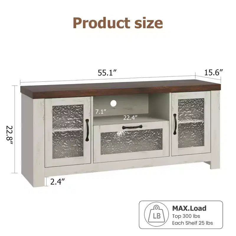 55" Farmhouse TV-Schrank mit Wellenlinien-Acryltüren, Entertainment-Center für 55" Fernseher, verstellbare Einlegeböden, 136 kg Tragfähigkeit