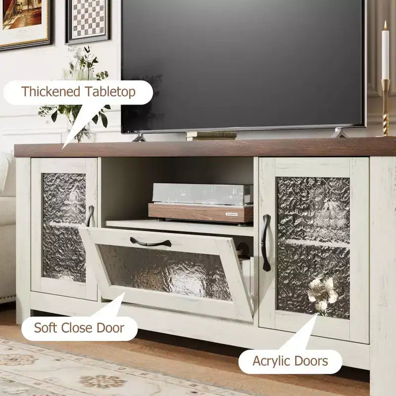 55" Farmhouse TV-Schrank mit Wellenlinien-Acryltüren, Entertainment-Center für 55" Fernseher, verstellbare Einlegeböden, 136 kg Tragfähigkeit
