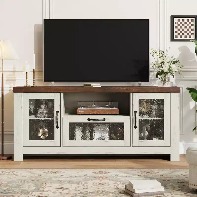 55" Farmhouse TV-Schrank mit Wellenlinien-Acryltüren, Entertainment-Center für 55" Fernseher, verstellbare Einlegeböden, 136 kg Tragfähigkeit