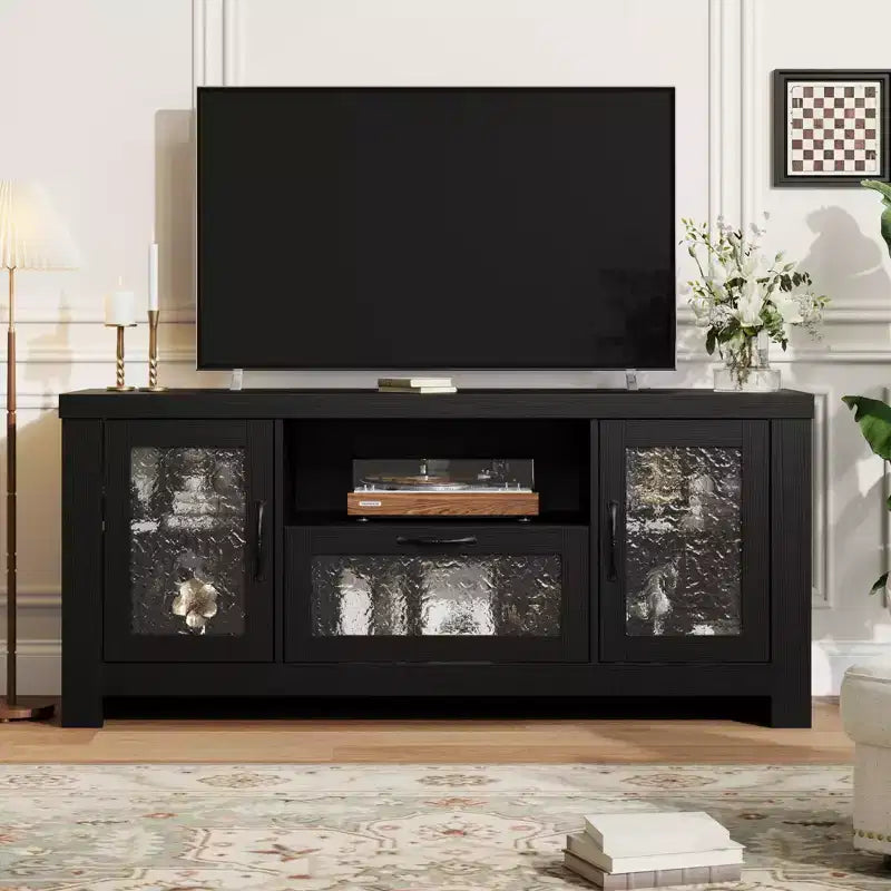 55" Farmhouse TV-Schrank mit Wellenlinien-Acryltüren, Entertainment-Center für 55" Fernseher, verstellbare Einlegeböden, 136 kg Tragfähigkeit