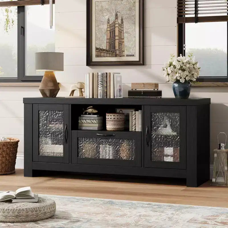 55 Farmhouse TV Stand with Water Ripple Acrylic Doors  Entertainment Center for 55 TVs, Adjustable Shelves, 300 lbs Capacity