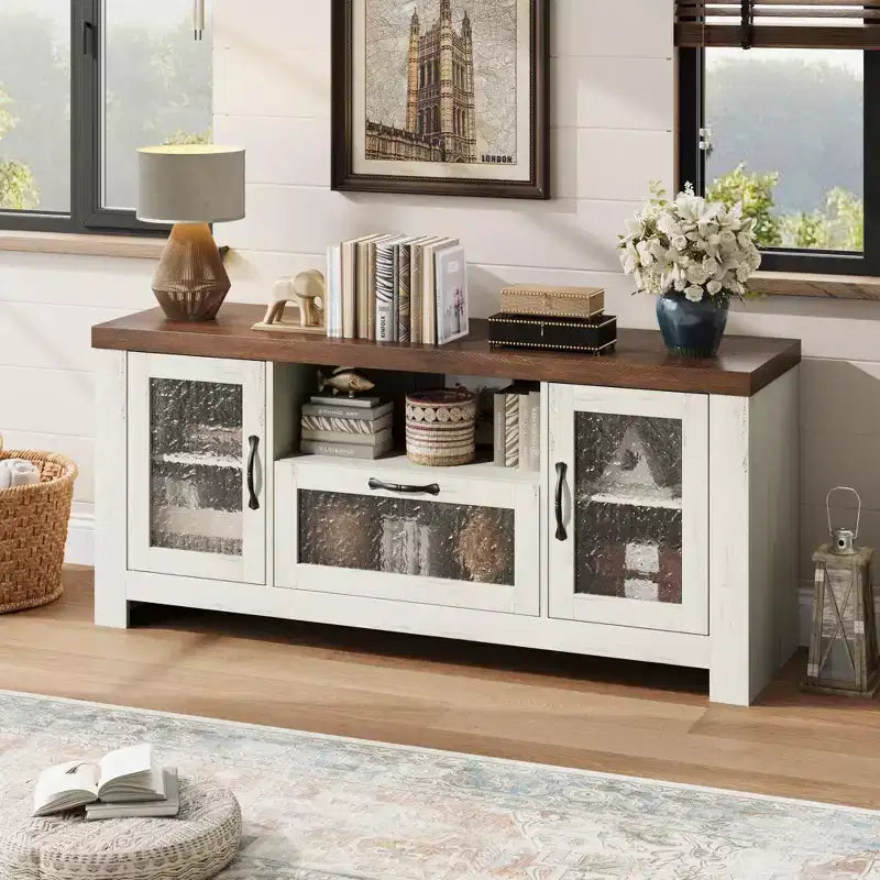 55" Farmhouse TV-Schrank mit Wellenlinien-Acryltüren, Entertainment-Center für 55" Fernseher, verstellbare Einlegeböden, 136 kg Tragfähigkeit