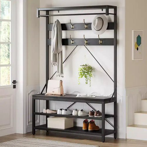 40 Industrial Hall Tree with Bench and Shoe Storage  Coat Rack with Hanging Bar, Hooks, and Storage Shelf for Entryway and Mudroom