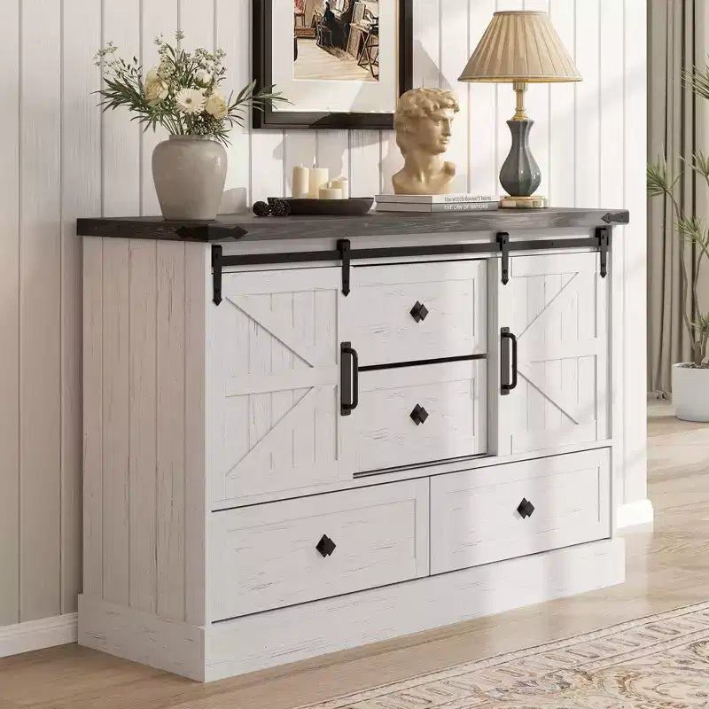 Farmhouse TV Stands for 65 Inch TV, Entertainment Center with Sliding Barn Doors, Television Stands with Large 4 Drawers, for Living Room Bedroom