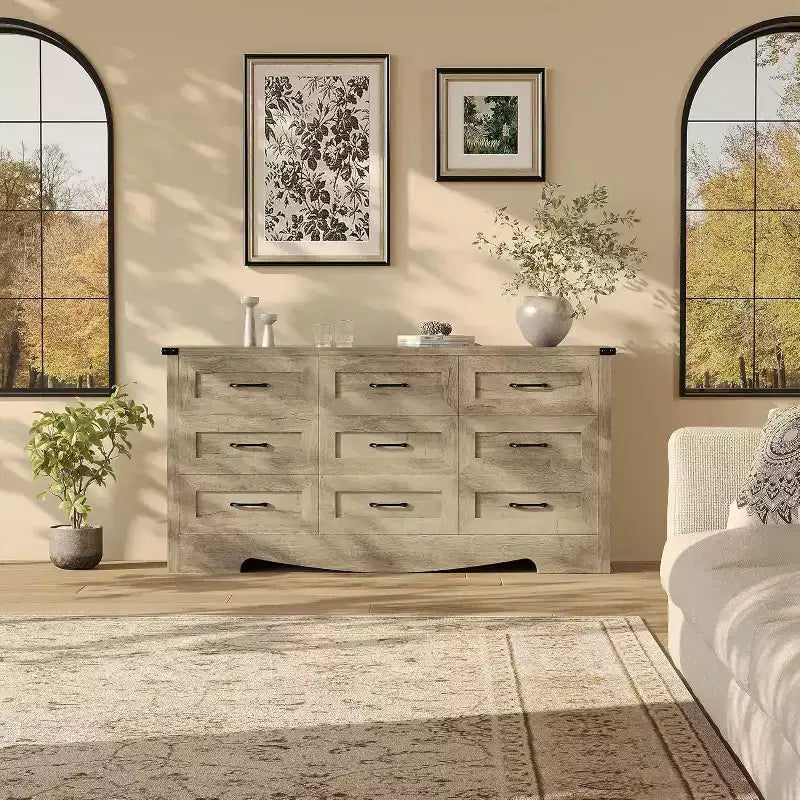 Kommode mit 9 Schubladen für Schlafzimmer, 59 cm hoher Bauernhaus-Holzschrank, moderne lange Kommode, Holzschrank mit Griffen für Wohnzimmer