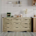 Kommode mit 9 Schubladen für Schlafzimmer, 59 cm hoher Bauernhaus-Holzschrank, moderne lange Kommode, Holzschrank mit Griffen für Wohnzimmer