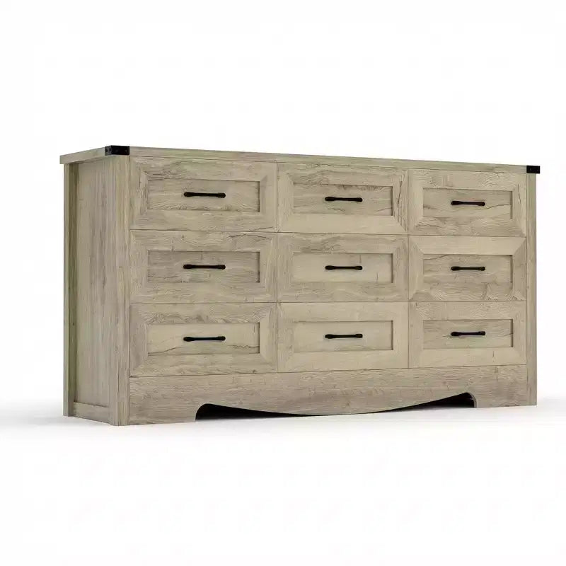 Kommode mit 9 Schubladen für Schlafzimmer, 59 cm hoher Bauernhaus-Holzschrank, moderne lange Kommode, Holzschrank mit Griffen für Wohnzimmer