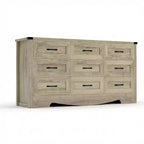 Kommode mit 9 Schubladen für Schlafzimmer, 59 cm hoher Bauernhaus-Holzschrank, moderne lange Kommode, Holzschrank mit Griffen für Wohnzimmer