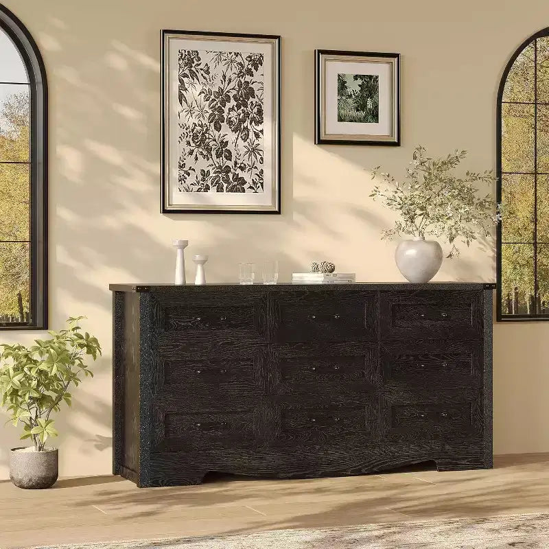 Kommode mit 9 Schubladen für Schlafzimmer, 59 cm hoher Bauernhaus-Holzschrank, moderne lange Kommode, Holzschrank mit Griffen für Wohnzimmer