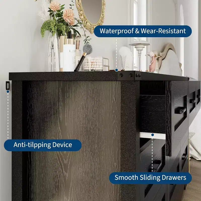 Kommode mit 9 Schubladen für Schlafzimmer, 59 cm hoher Bauernhaus-Holzschrank, moderne lange Kommode, Holzschrank mit Griffen für Wohnzimmer