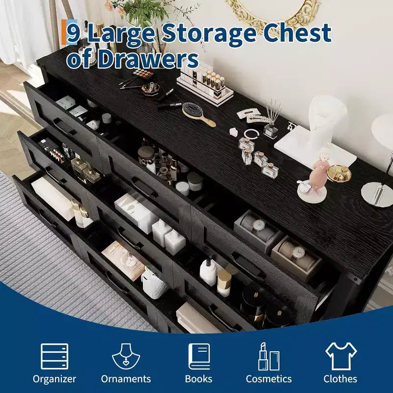 Kommode mit 9 Schubladen für Schlafzimmer, 59 cm hoher Bauernhaus-Holzschrank, moderne lange Kommode, Holzschrank mit Griffen für Wohnzimmer
