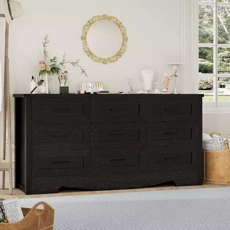 9 Drawer Dresser for Bedroom, 59 Farmhouse Wooden Tall Chest of Drawers, Modern Long Dresser, Wood Storage Cabinet with Handles for Living Room