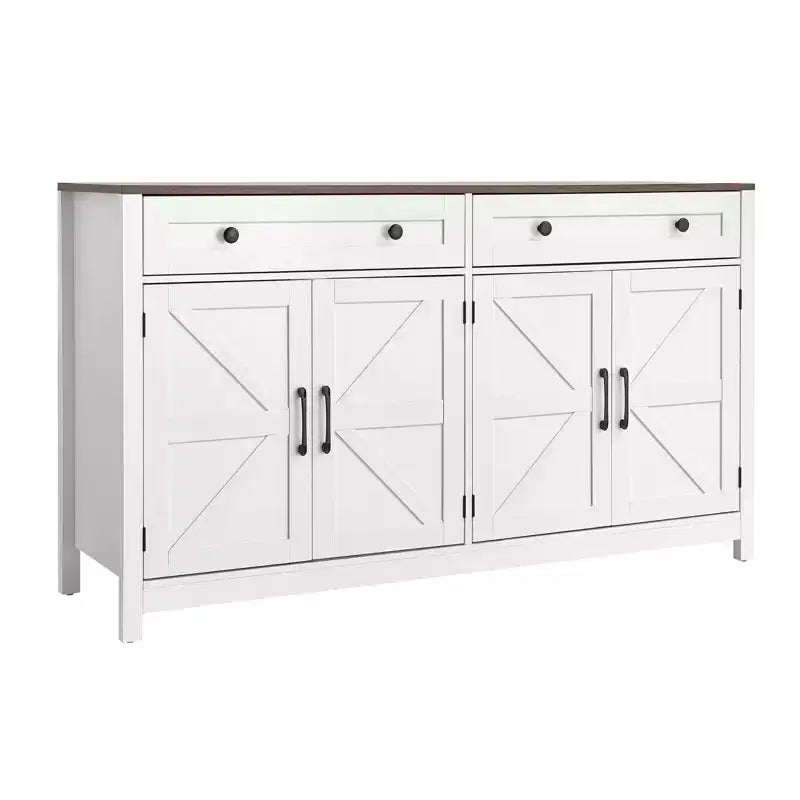 VEVOR Coffee Bar Cabinet, Farmhouse Coffee Bar Table with 2 Drawers, Buffet Stand Cabinet with 4 Barn Doors, 55.1 x 15.5 x 31.5 in, White
