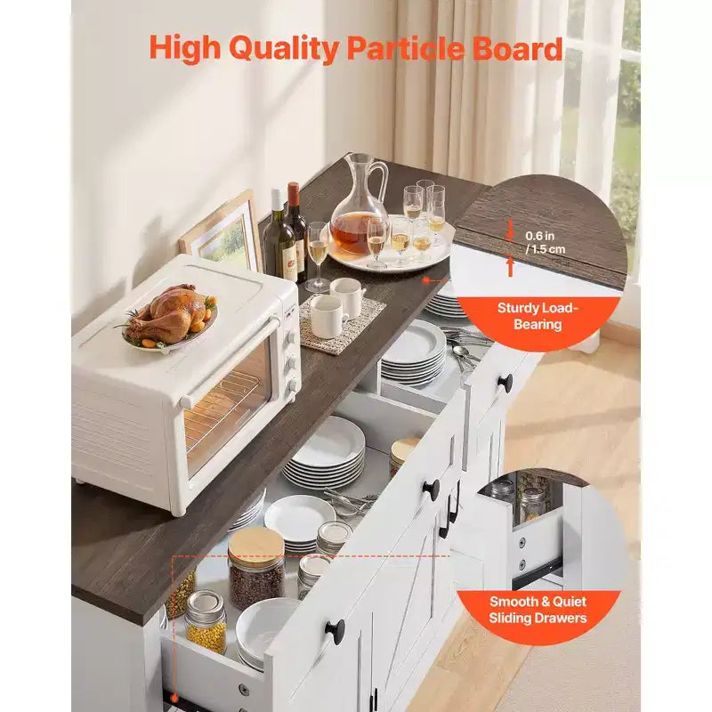 VEVOR Kaffeebar-Schrank, Bauernhaus-Kaffeebartisch mit 2 Schubladen, Buffetschrank mit 4 Scheunentüren, 140 x 39,5 x 80 cm, Weiß