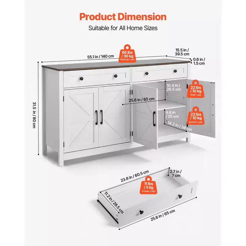 VEVOR Kaffeebar-Schrank, Bauernhaus-Kaffeebartisch mit 2 Schubladen, Buffetschrank mit 4 Scheunentüren, 140 x 39,5 x 80 cm, Weiß