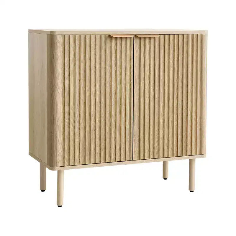 VEVOR Coffee Bar Cabinet, Mid Century Fluted Coffee Bar Table with 2-Tier Storage, Buffet Stand Cabinet with 2 Barn Door, 31.5 x 14.7 x 31.5 in, Oak
