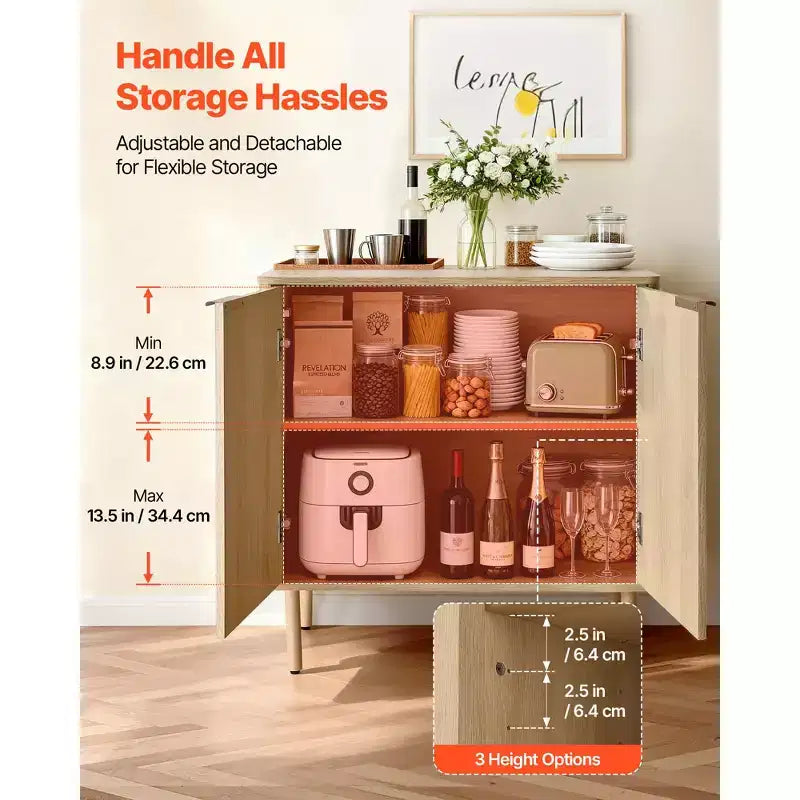 VEVOR Kaffeebar-Schrank, Mid-Century Geriffelter Kaffeebar-Tisch mit 2-stufigem Stauraum, Buffet-Stand-Schrank mit 2 Scheunentüren, 80 x 37,3 x 80 cm, Eiche