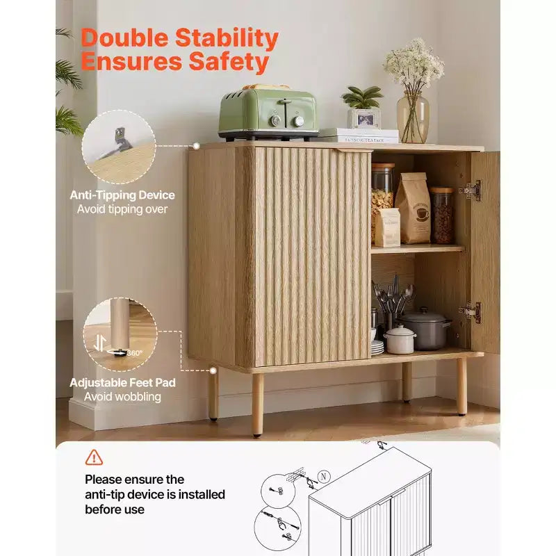 VEVOR Kaffeebar-Schrank, Mid-Century Geriffelter Kaffeebar-Tisch mit 2-stufigem Stauraum, Buffet-Stand-Schrank mit 2 Scheunentüren, 80 x 37,3 x 80 cm, Eiche