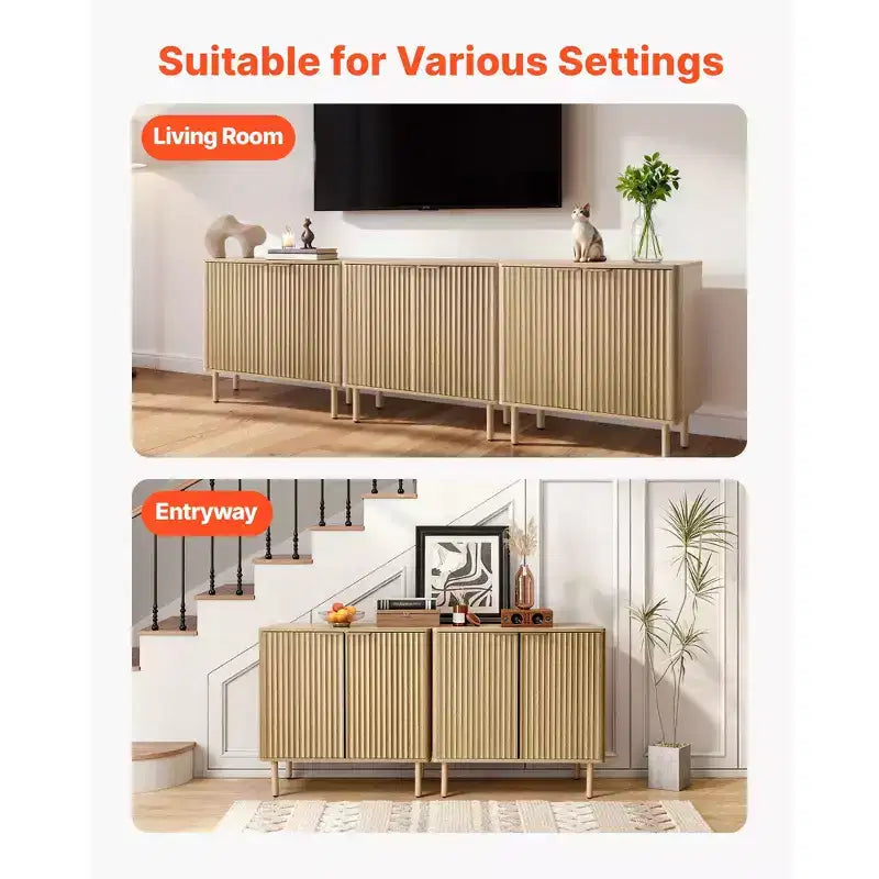 VEVOR Kaffeebar-Schrank, Mid-Century Geriffelter Kaffeebar-Tisch mit 2-stufigem Stauraum, Buffet-Stand-Schrank mit 2 Scheunentüren, 80 x 37,3 x 80 cm, Eiche