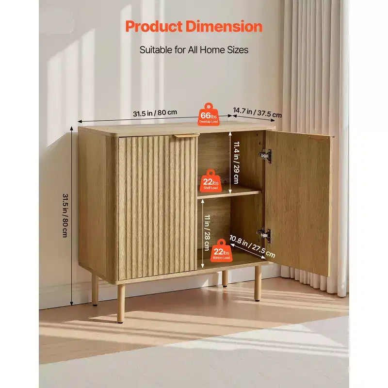 VEVOR Kaffeebar-Schrank, Mid-Century Geriffelter Kaffeebar-Tisch mit 2-stufigem Stauraum, Buffet-Stand-Schrank mit 2 Scheunentüren, 80 x 37,3 x 80 cm, Eiche