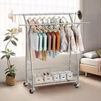 VEVOR Kleiderständer, rollbarer Kleiderständer mit 2 Kleiderstangen und Aufbewahrungskorb, 150 kg Tragkraft, Silber