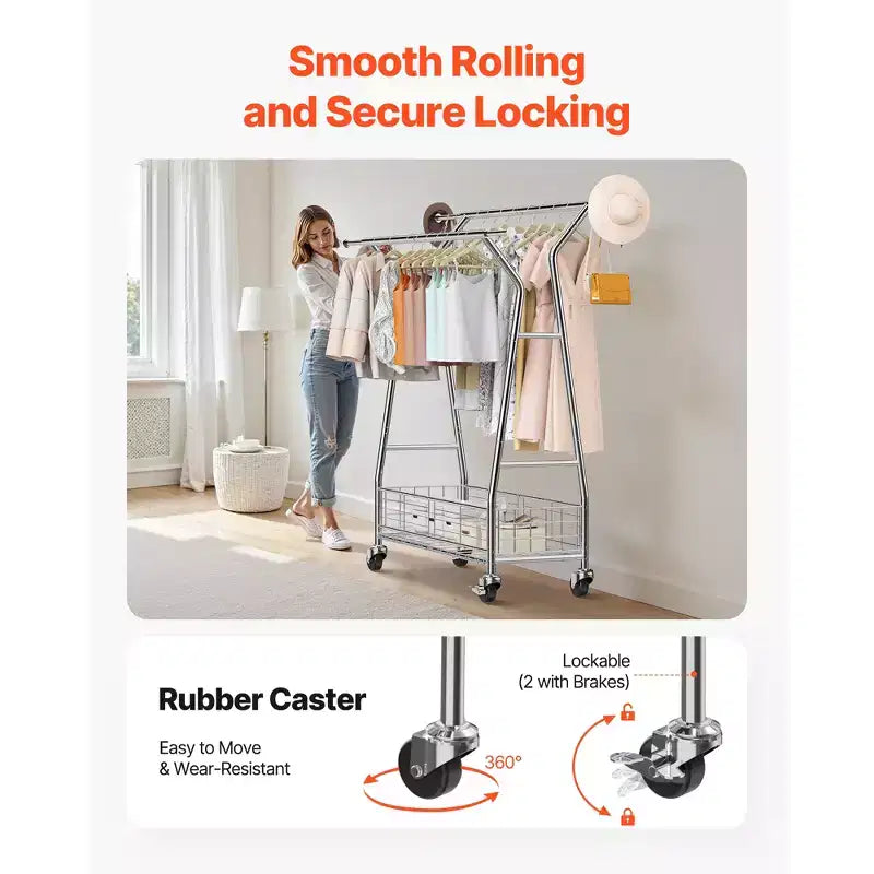 VEVOR Kleiderständer, rollbarer Kleiderständer mit 2 Kleiderstangen und Aufbewahrungskorb, 150 kg Tragkraft, Silber