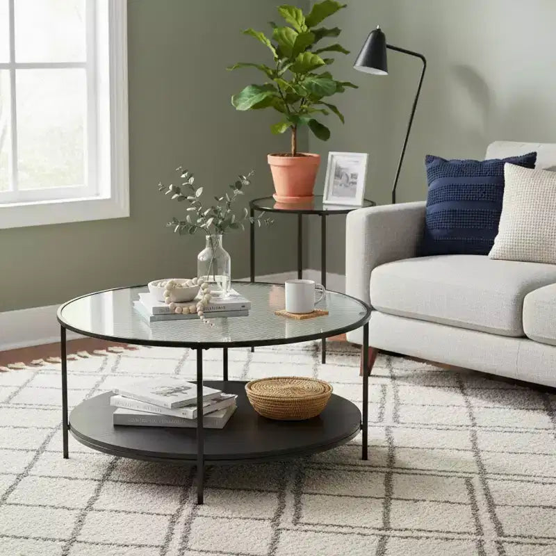 GDFStudio Carson Modern 2-Piece Metal Round Coffee Table and End Table Set with Glass Top