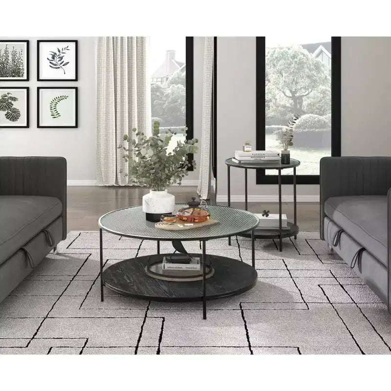 GDFStudio Carson Modernes 2-teiliges Couchtisch- und Beistelltisch-Set aus Metall mit Glasplatte