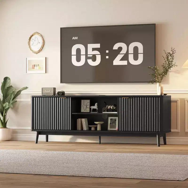 Modern Black TV Stand  Adjustable Shelf & 2-Door Storage Cabinet, Entertainment Center for Living Room or Bedroom