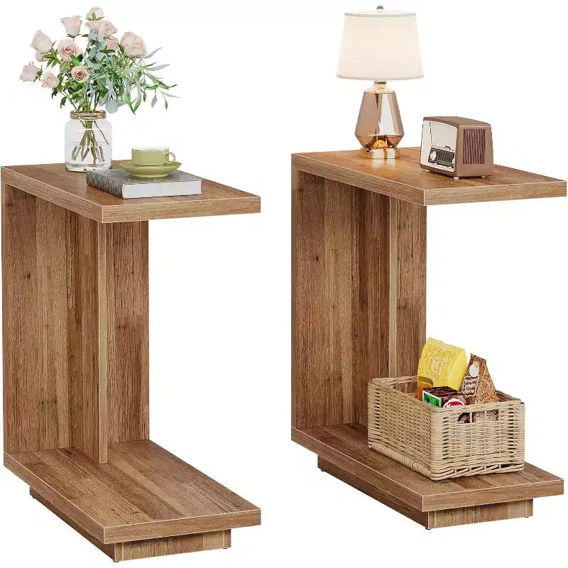 Lantine 2-Tier C-Shaped Side Table Set of 2: Narrow, Sturdy Pedestal, Industrial Design for Living Room/Bedroom, Walnut Brown.