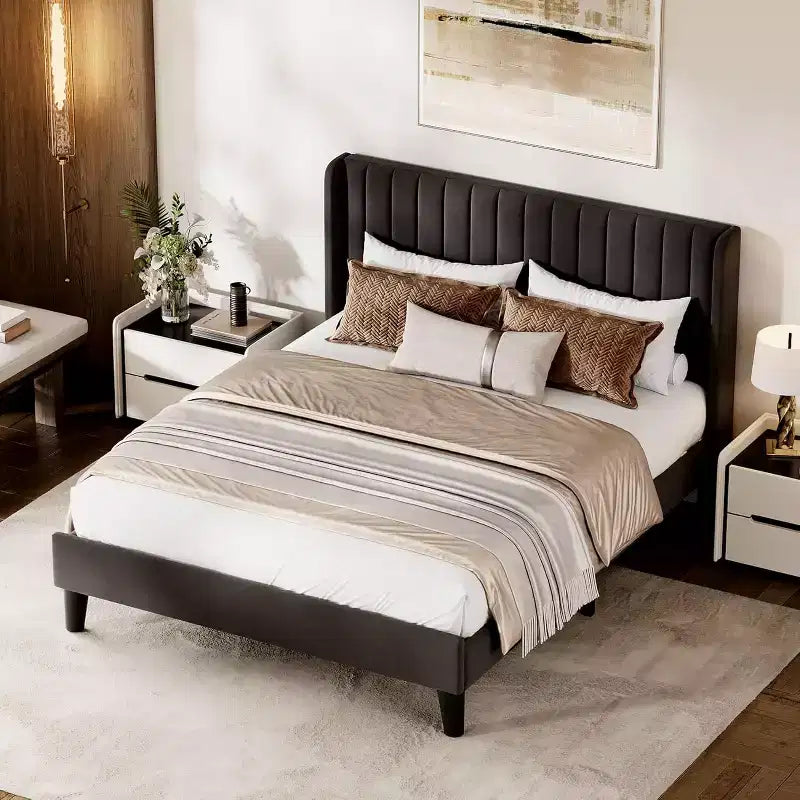 Full Size Velvet Upholstered Platform Bed Frame with Vertical Channel Tufted Wingback Headboard, No Box Spring Needed, Easy Assembly