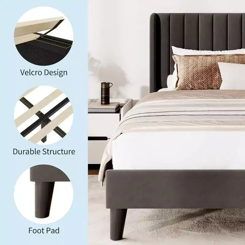 Plattformbettgestell aus Samt in voller Größe mit vertikal gestepptem, geflügeltem Kopfteil, kein Boxspring erforderlich, einfache Montage