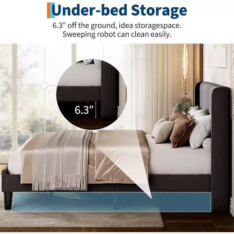 Plattformbettgestell aus Samt in voller Größe mit vertikal gestepptem, geflügeltem Kopfteil, kein Boxspring erforderlich, einfache Montage