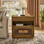 Mid-Century Modern Nightstand with Charging Station 2-Drawer Door Cabinet Fluted Design Lockable (W1801P303392)