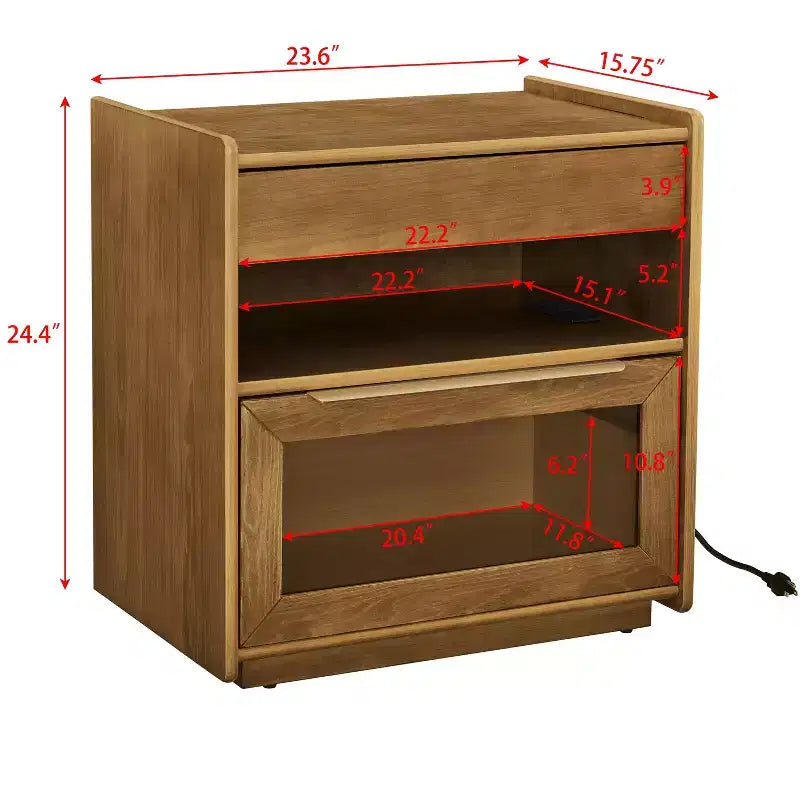 Mid-Century Modern Nachttisch mit Ladestation, 2 Schubladen, Schranktür, gerilltes Design, abschließbar (W1801P303392)