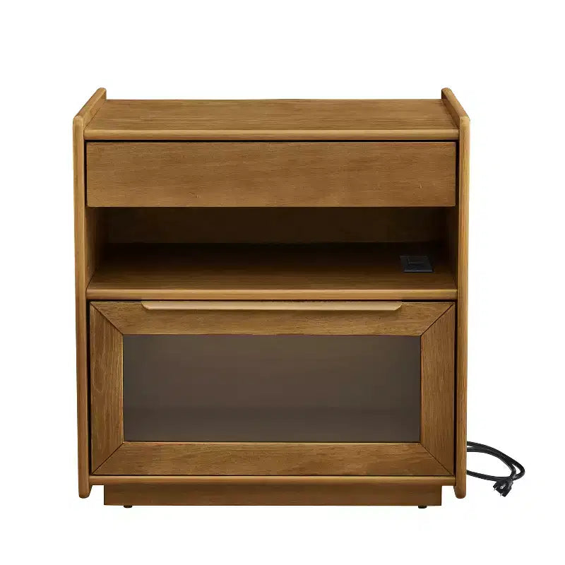 Mid-Century Modern Nachttisch mit Ladestation, 2 Schubladen, Schranktür, gerilltes Design, abschließbar (W1801P303392)