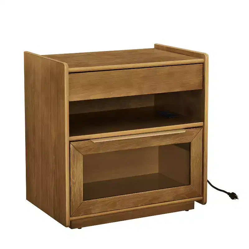 Mid-Century Modern Nachttisch mit Ladestation, 2 Schubladen, Schranktür, gerilltes Design, abschließbar (W1801P303392)