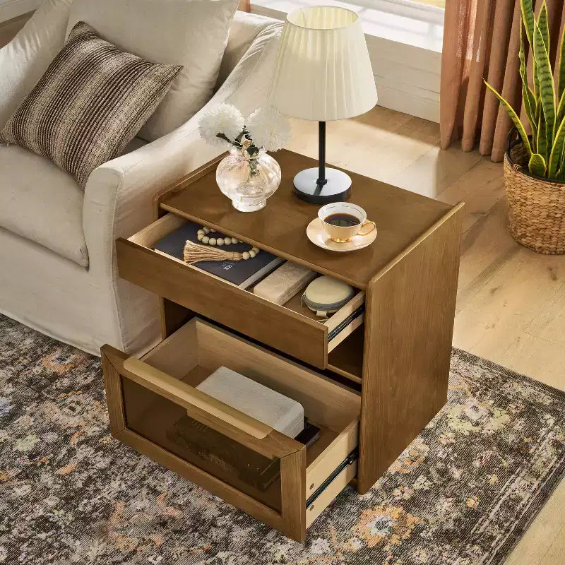Mid-Century Modern Nachttisch mit Ladestation, 2 Schubladen, Schranktür, gerilltes Design, abschließbar (W1801P303392)