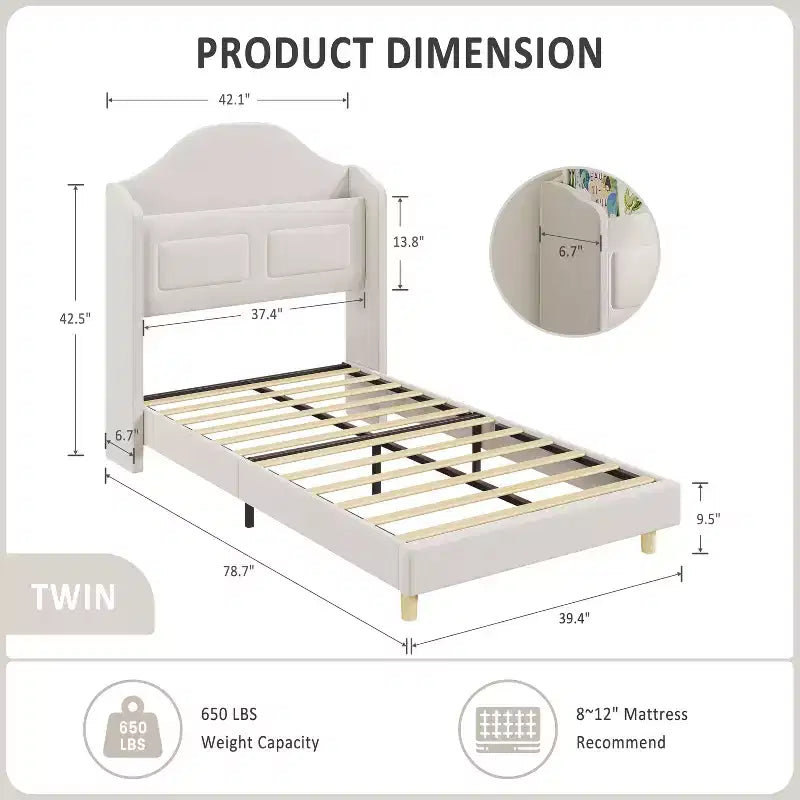 Kinder-Einzelbettgestell mit Samtpolsterung, Flügelkopfstütze, LED-Beleuchtung & Aufbewahrungsregal, Einzelbett im Prinzessinnen-Stil, kein Boxspring erforderlich
