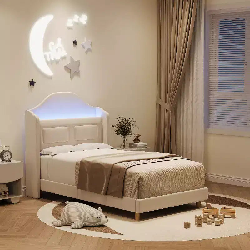 Kinder-Einzelbettgestell mit Samtpolsterung, Flügelkopfstütze, LED-Beleuchtung & Aufbewahrungsregal, Einzelbett im Prinzessinnen-Stil, kein Boxspring erforderlich