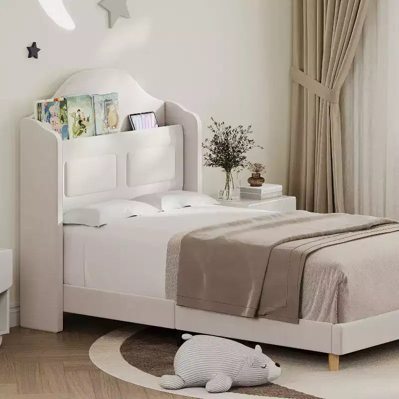 Kinder-Einzelbettgestell mit Samtpolsterung, Flügelkopfstütze, LED-Beleuchtung & Aufbewahrungsregal, Einzelbett im Prinzessinnen-Stil, kein Boxspring erforderlich