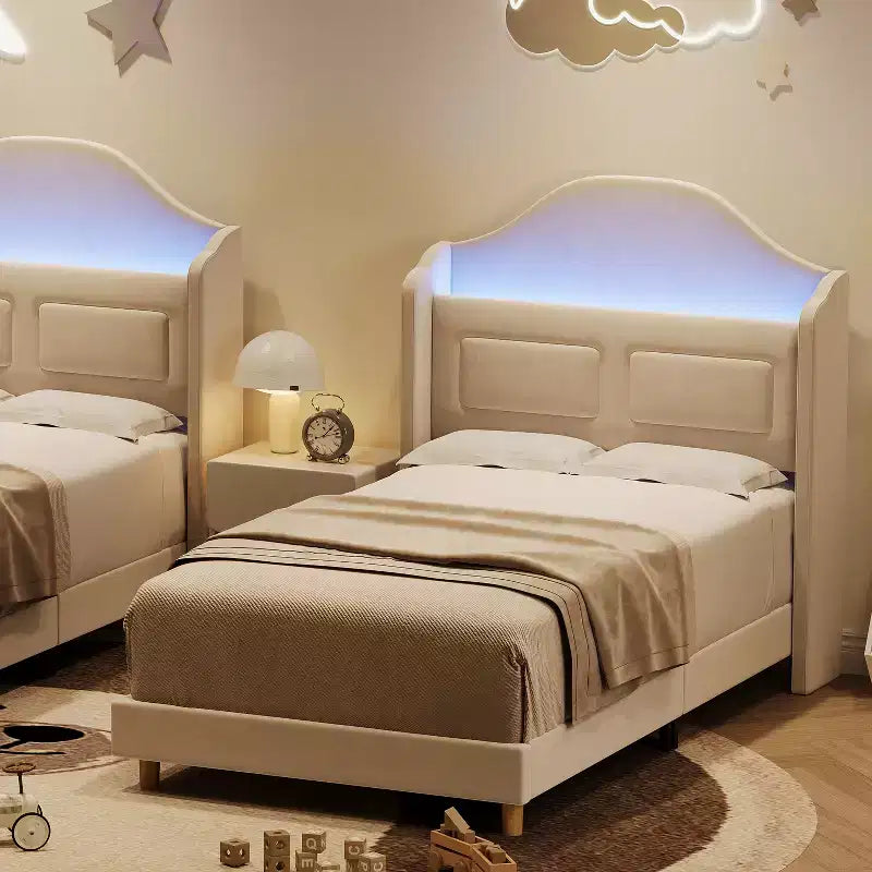 Kinder-Einzelbettgestell mit Samtpolsterung, Flügelkopfstütze, LED-Beleuchtung & Aufbewahrungsregal, Einzelbett im Prinzessinnen-Stil, kein Boxspring erforderlich