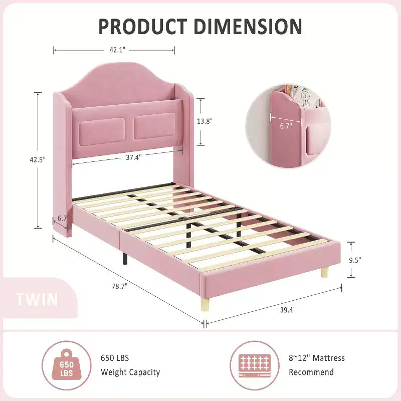 Kinder-Einzelbettgestell mit Samtpolsterung, Flügelkopfstütze, LED-Beleuchtung & Aufbewahrungsregal, Einzelbett im Prinzessinnen-Stil, kein Boxspring erforderlich