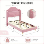 Kinder-Einzelbettgestell mit Samtpolsterung, Flügelkopfstütze, LED-Beleuchtung & Aufbewahrungsregal, Einzelbett im Prinzessinnen-Stil, kein Boxspring erforderlich