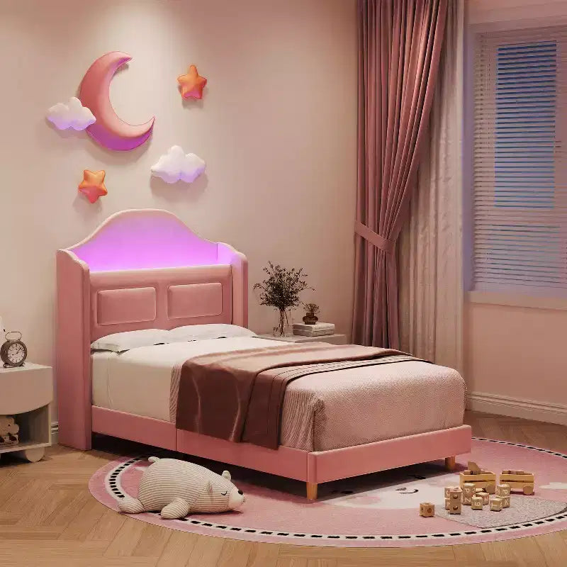 Kinder-Einzelbettgestell mit Samtpolsterung, Flügelkopfstütze, LED-Beleuchtung & Aufbewahrungsregal, Einzelbett im Prinzessinnen-Stil, kein Boxspring erforderlich