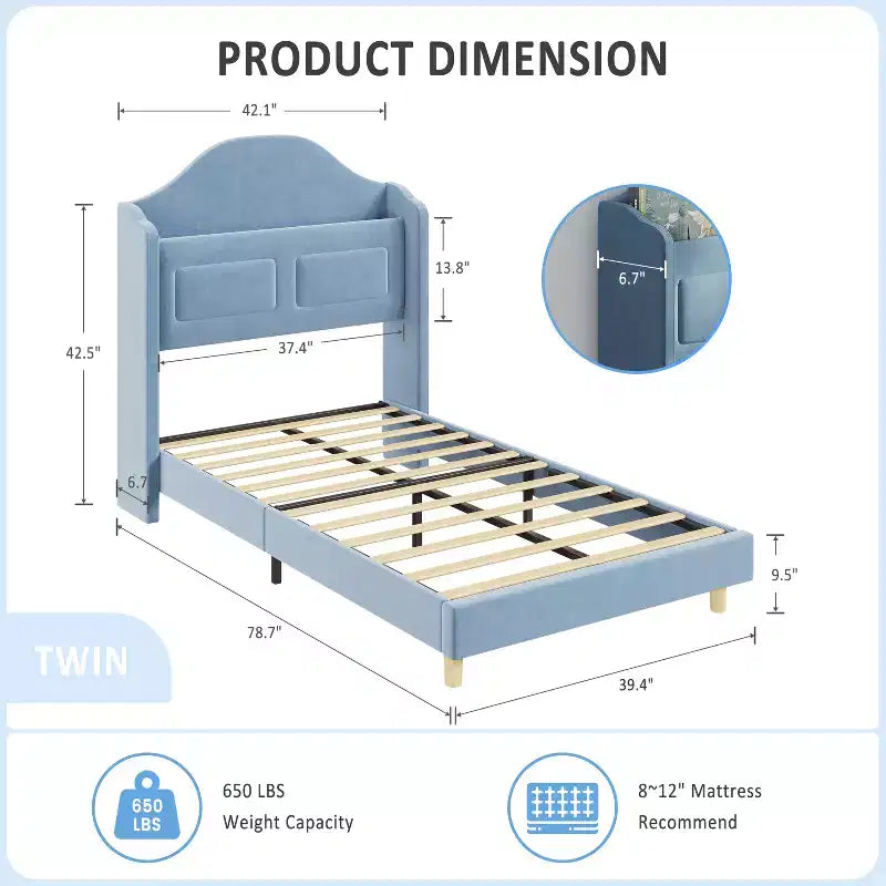 Kinder-Einzelbettgestell mit Samtpolsterung, Flügelkopfstütze, LED-Beleuchtung & Aufbewahrungsregal, Einzelbett im Prinzessinnen-Stil, kein Boxspring erforderlich