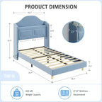 Kinder-Einzelbettgestell mit Samtpolsterung, Flügelkopfstütze, LED-Beleuchtung & Aufbewahrungsregal, Einzelbett im Prinzessinnen-Stil, kein Boxspring erforderlich
